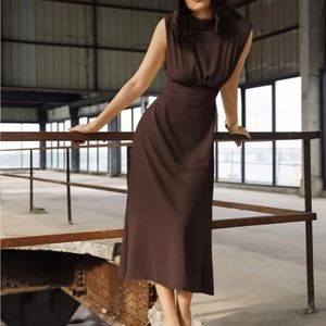 Brown high neck shoulder padded midi dress